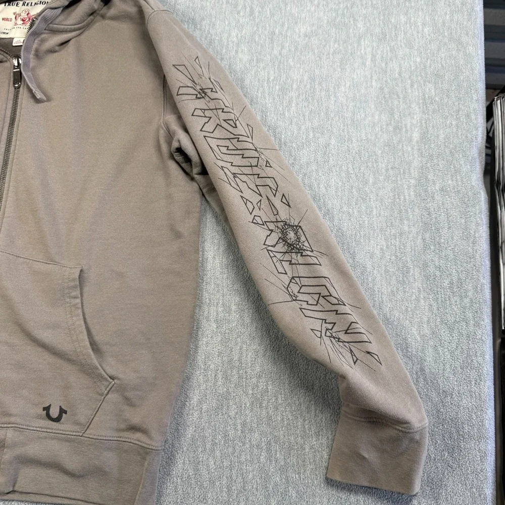 True Religion Hoodie Mens L Gray Full Zip Graphic Sleeve World Tour Buddha Y2K